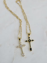 Load image into Gallery viewer, Baguette Diamond Cross - Petite Figaro Link Necklace