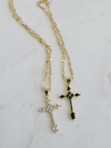 Baguette Diamond Cross - Petite Figaro Link Necklace
