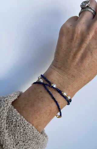 Balance and Communication- Lapis Lazuli Pearl Wrap Bracelet - Necklace