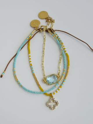 Crystal Clover Shimmer Beaded Wrist Stack - Light Aqua & Yellow