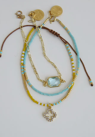 Crystal Clover Shimmer Beaded Wrist Stack - Light Aqua & Yellow