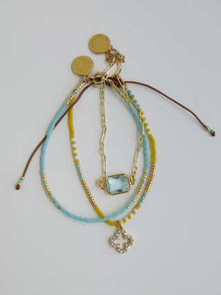 Crystal Clover Shimmer Beaded Wrist Stack - Light Aqua & Yellow