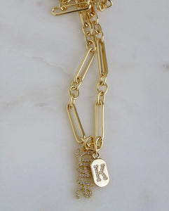 Love & Initial Tag Necklace - Figaro Chain