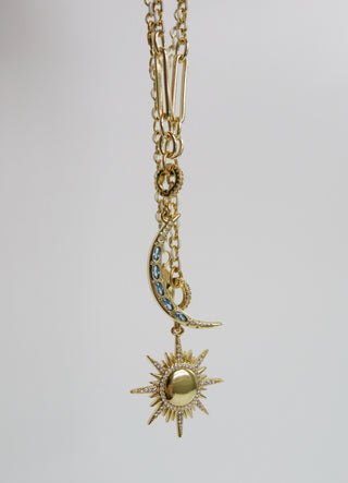 Celestial Domed Sun & Sky Blue Moon White Enamel Lariat Necklace