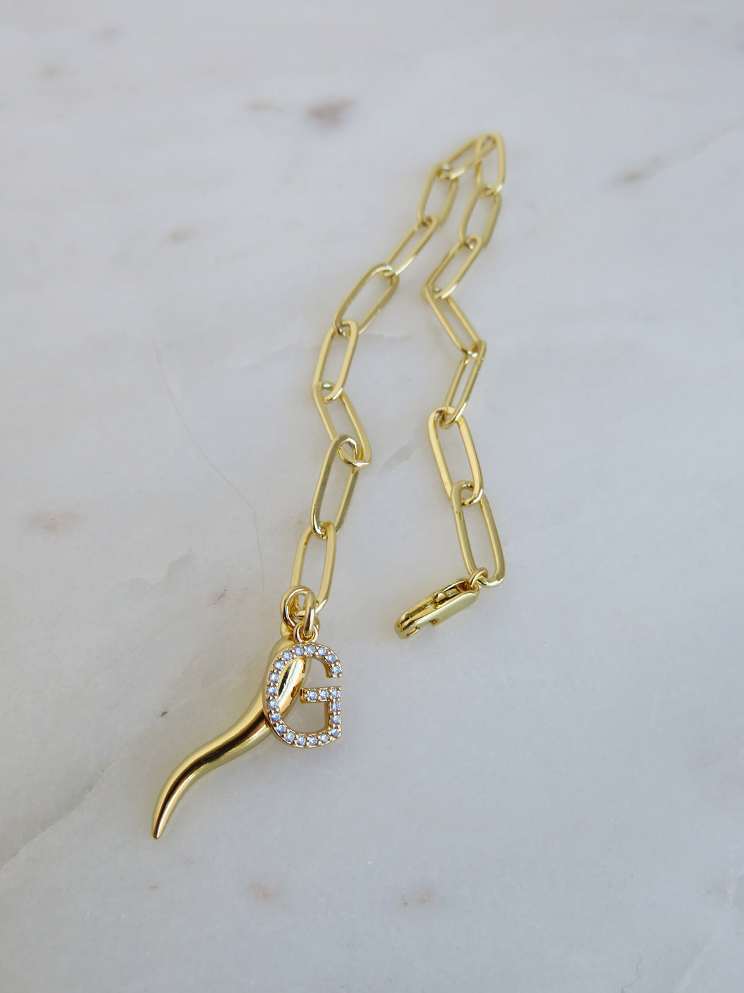 Italian Horn Diamond Initial Bracelet - Clip Link