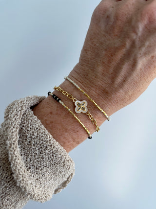 Pearl Shell Clover - Beaded Wrist Stack - Black