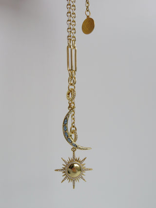 Celestial Domed Sun & Sky Blue Moon White Enamel Lariat Necklace