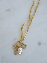 Load image into Gallery viewer, Hamsa Evil Eye Clover &amp; Initial Charm Cluster Necklace - Figaro Link