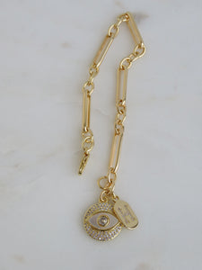 Pearl Evil Eye & Diamond Initial Tag Bracelet - Figaro Link