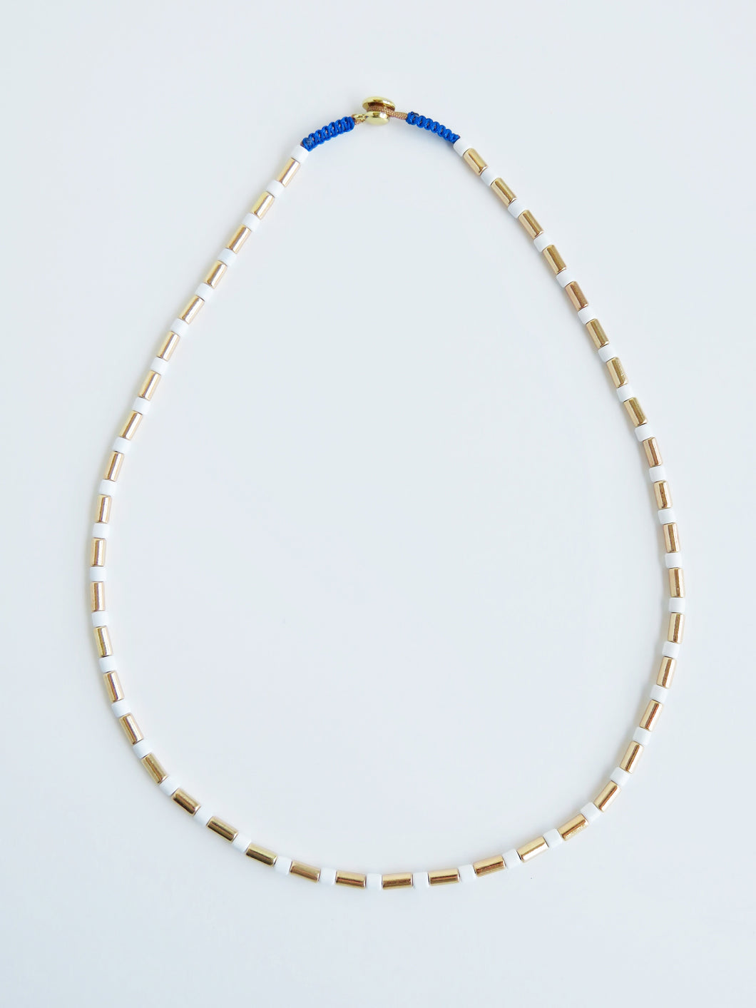 Stella Enamel Tube Necklace - White & Gold with Blue Cord