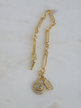 Load image into Gallery viewer, Pearl Evil Eye &amp; Diamond Initial Tag Bracelet - Figaro Link