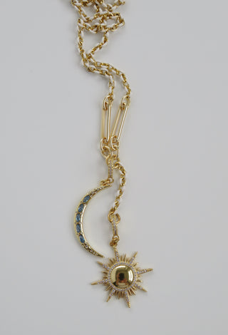 Celestial Domed Sun & Sky Blue Moon White Enamel Lariat Necklace