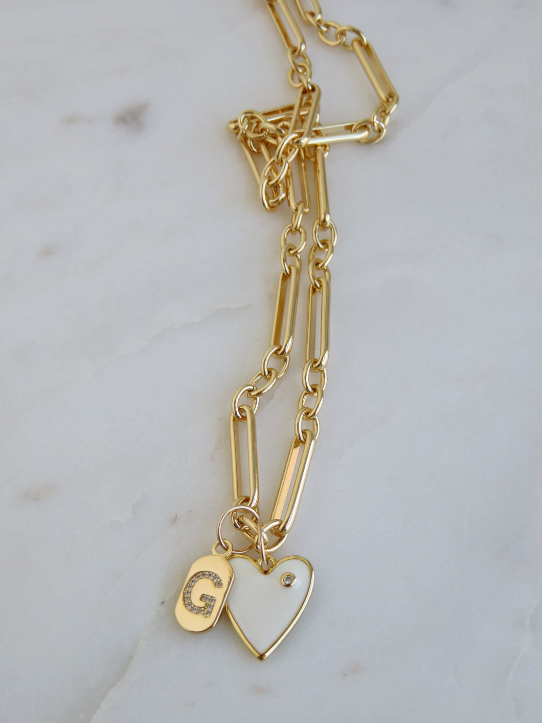 Heart & Initial Tag Necklace - Figaro Chain