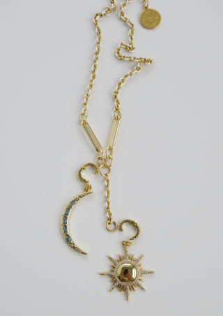 Celestial Domed Sun & Sky Blue Moon White Enamel Lariat Necklace