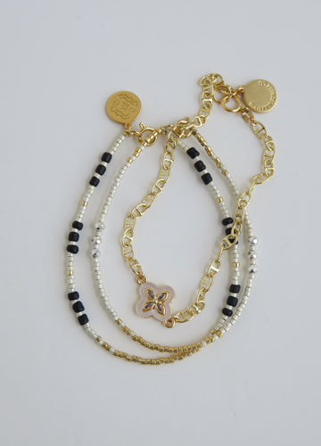 Pearl Shell Clover - Beaded Wrist Stack - Black