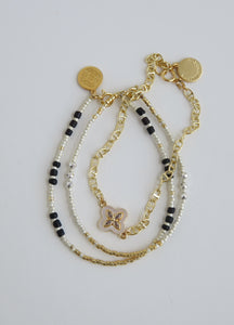 Pearl Shell Clover - Beaded Wrist Stack - Black