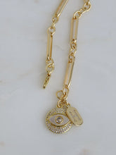 Load image into Gallery viewer, Pearl Evil Eye &amp; Diamond Initial Tag Bracelet - Figaro Link