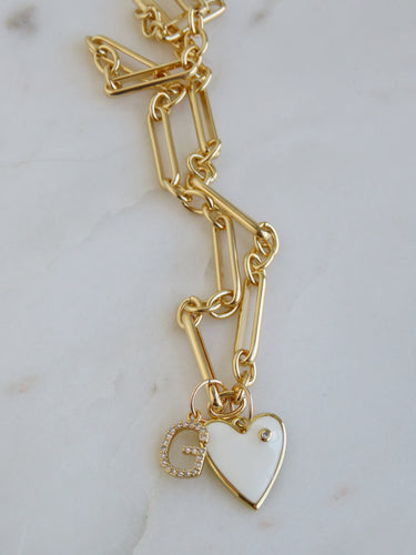 Heart & Diamond Initial Necklace - Figaro Chain
