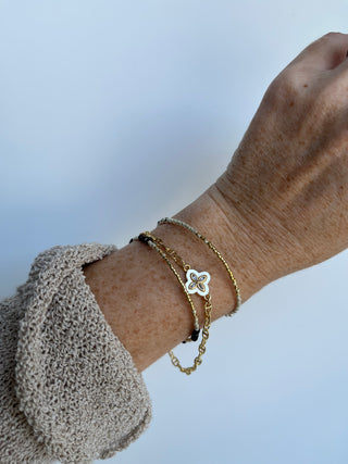 Pearl Shell Clover - Beaded Wrist Stack - Black