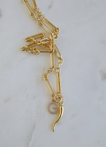 Italian Horn & Diamond Initial Necklace - Figaro Chain