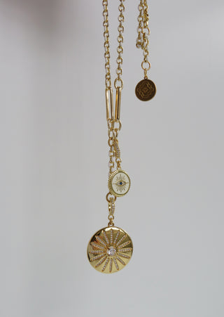White Enamel Alec Evil Eye Sun Lariat Necklace