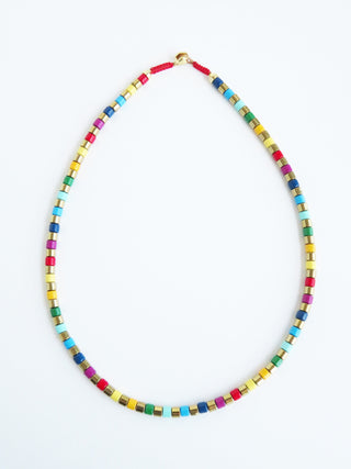 Stella Enamel Tube Necklace - Rainbow with Red Cord