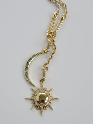 Celestial Domed Sun & Sky Blue Moon White Enamel Lariat Necklace