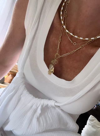 Stella Enamel Tube Necklace - White & Gold with Red Cord