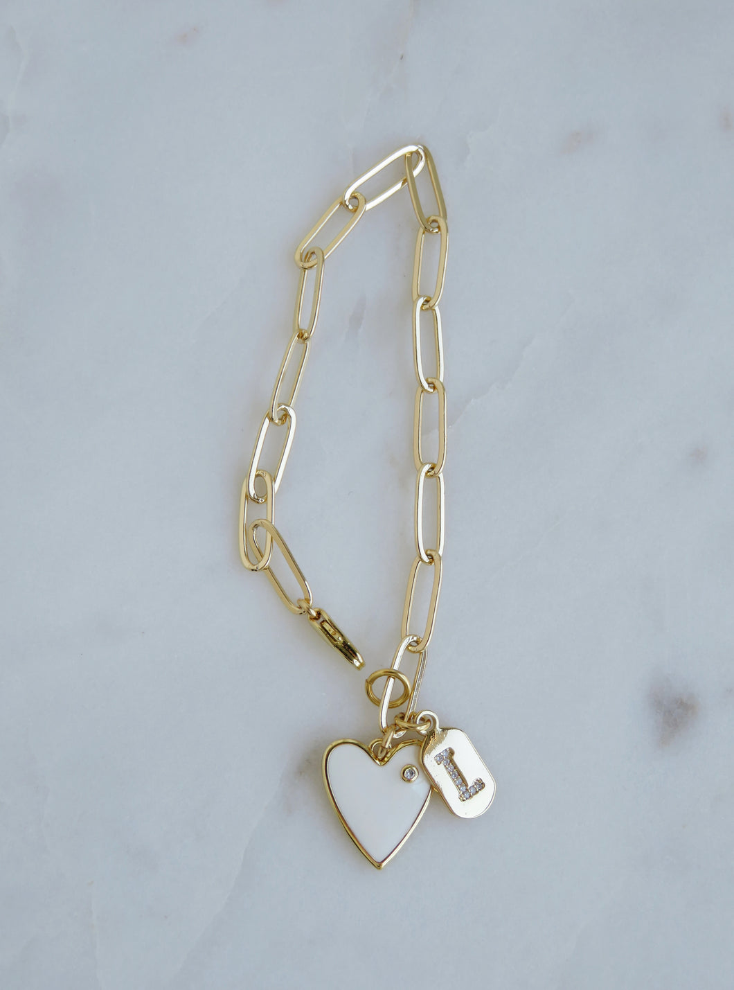 Diamond Heart & Diamond Initial Tag Bracelet - Clip Link