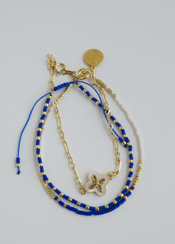 Pearl Shell Clover - Beaded Wrist Stack - Blue