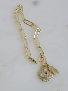 Pearl Evil Eye & Diamond Initial Tag Bracelet - Clip Link