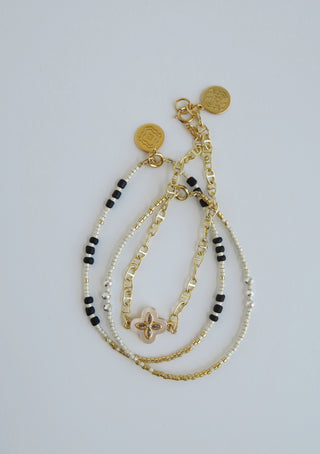 Pearl Shell Clover - Beaded Wrist Stack - Black