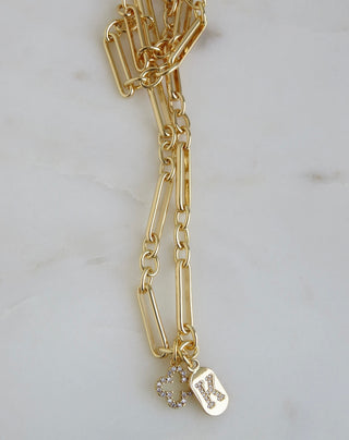 Clover & Initial Tag Necklace - Figaro Chain
