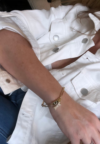 Diamond Dog Bone & Diamond Initial Tag Bracelet - Figaro Link