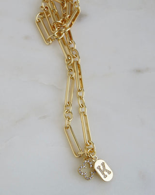Clover & Initial Tag Necklace - Figaro Chain