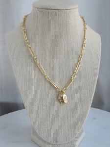 Hamsa & Initial Tag Necklace - Figaro Chain