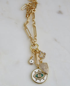 Santorini Evil Eye Charm Cluster Necklace - Figaro Link