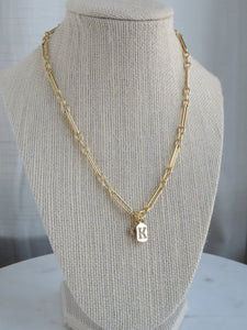 Clover & Initial Tag Necklace - Figaro Chain