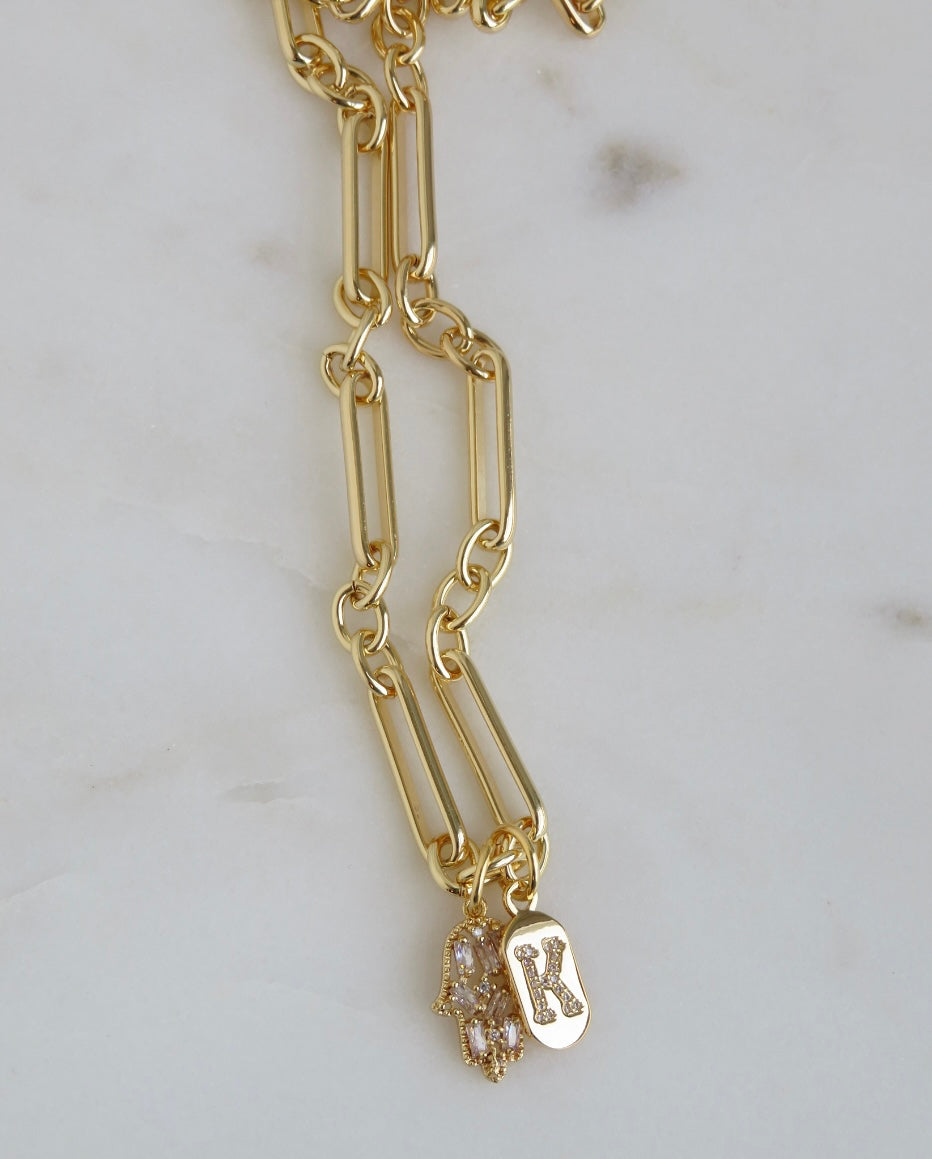 Hamsa & Initial Tag Necklace - Figaro Chain