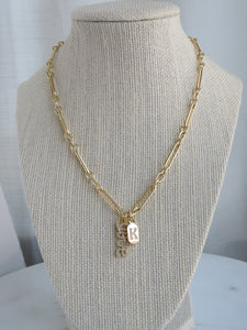 Love & Initial Tag Necklace - Figaro Chain